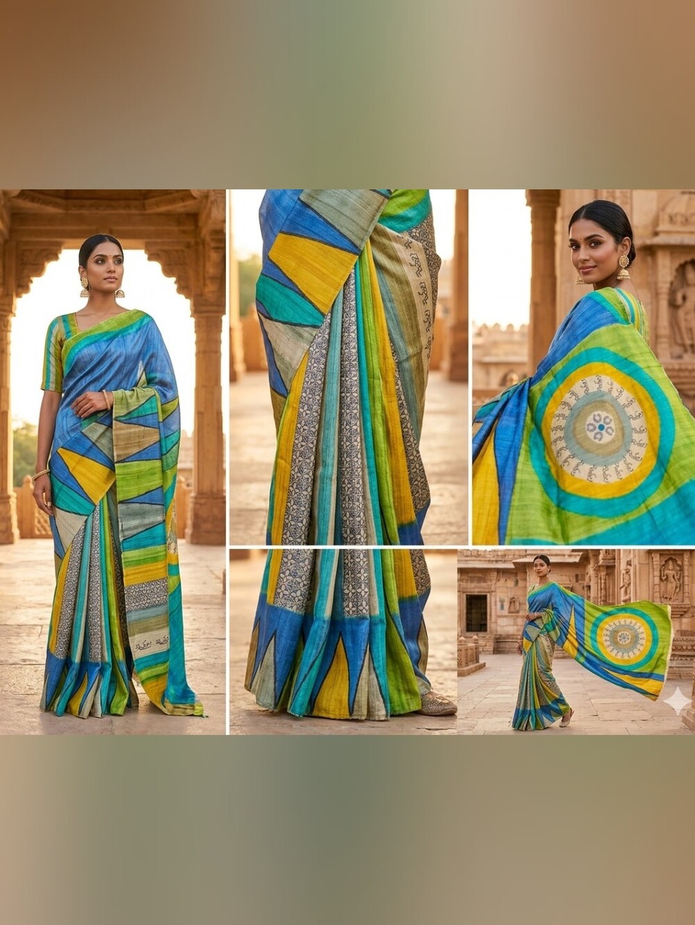 Authentic Handblock Printed Pure Tussar Silk Saree | Modern Geometric & Tribal W